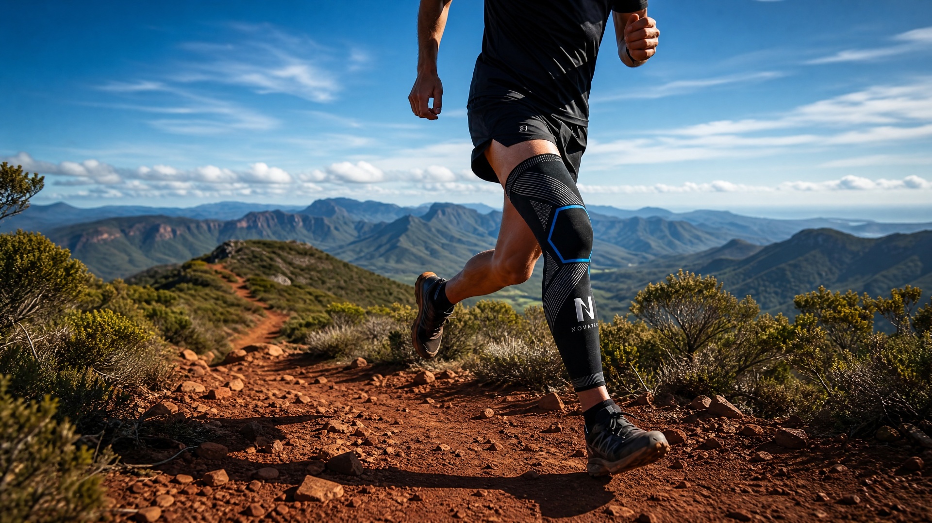 Trailer calédonien sur sentier de montagne, manchon compression NOVATEK aux jambes